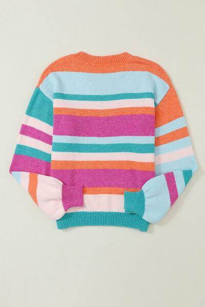 Striped Round Neck Drop Shoulder Sweater for Women - Selvanelle