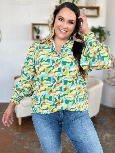 Double Take Full Size Printed Smocked Long Sleeve Blouse - Selvanelle