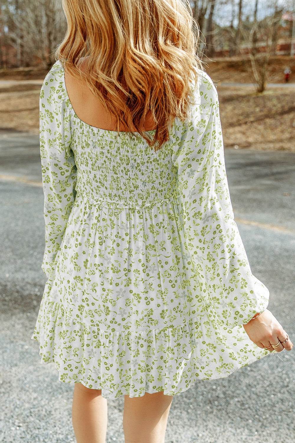 Smocked Floral Square Neck Balloon Sleeve Dress - Selvanelle