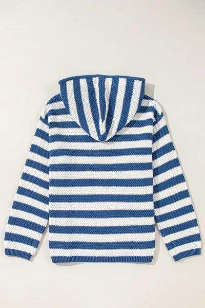 Drawstring Striped Long Sleeve Hooded Sweater for Women - Selvanelle