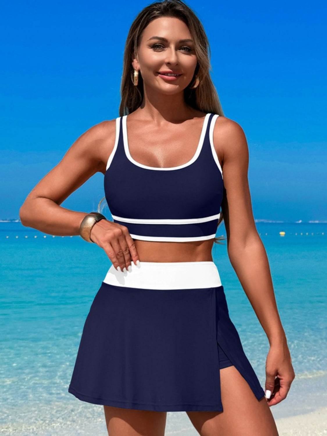 Scoop Neck Top and Skort Swim Set - Selvanelle