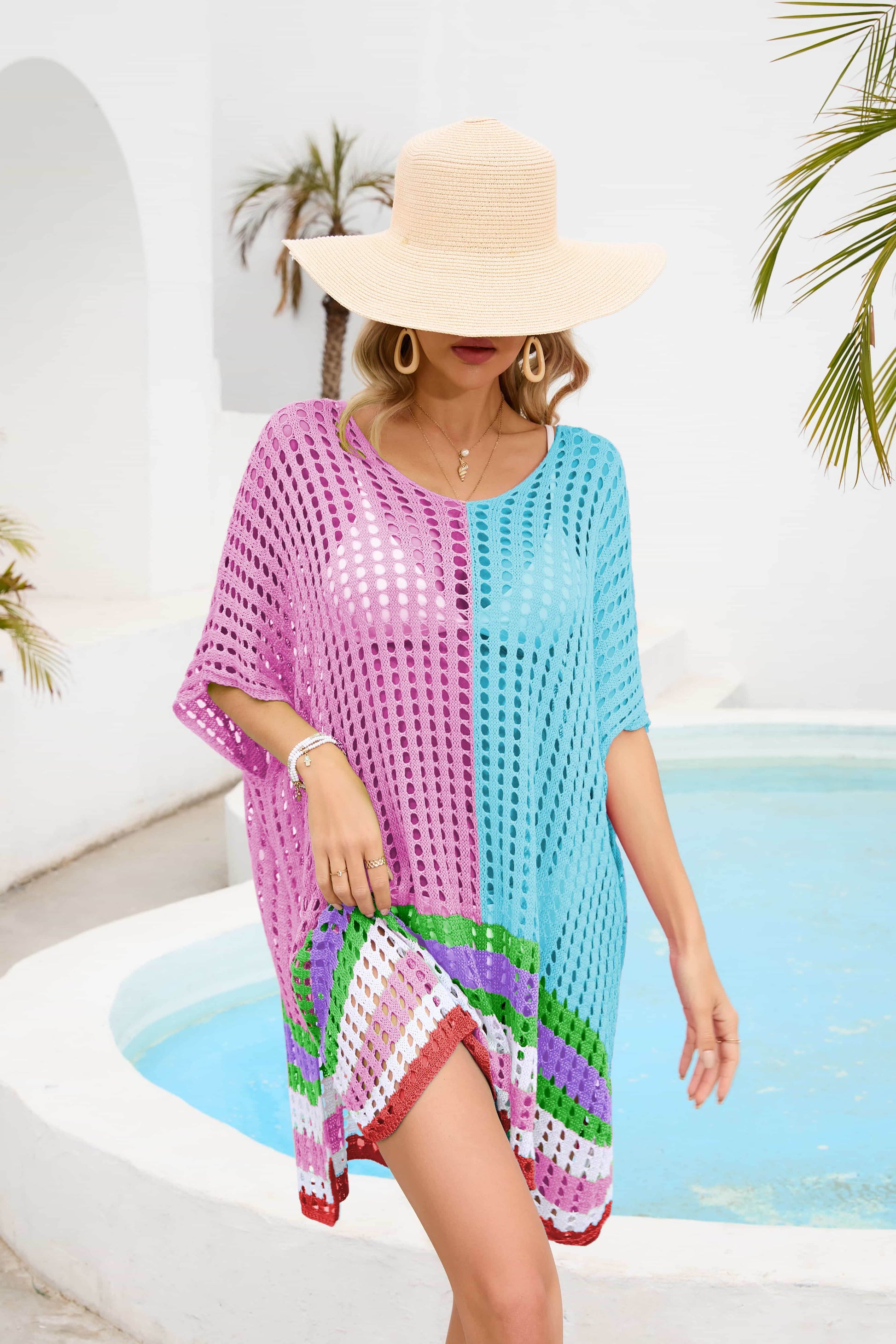 Contrast Scoop Neck Openwork Half Sleeve Cover Up - Selvanelle