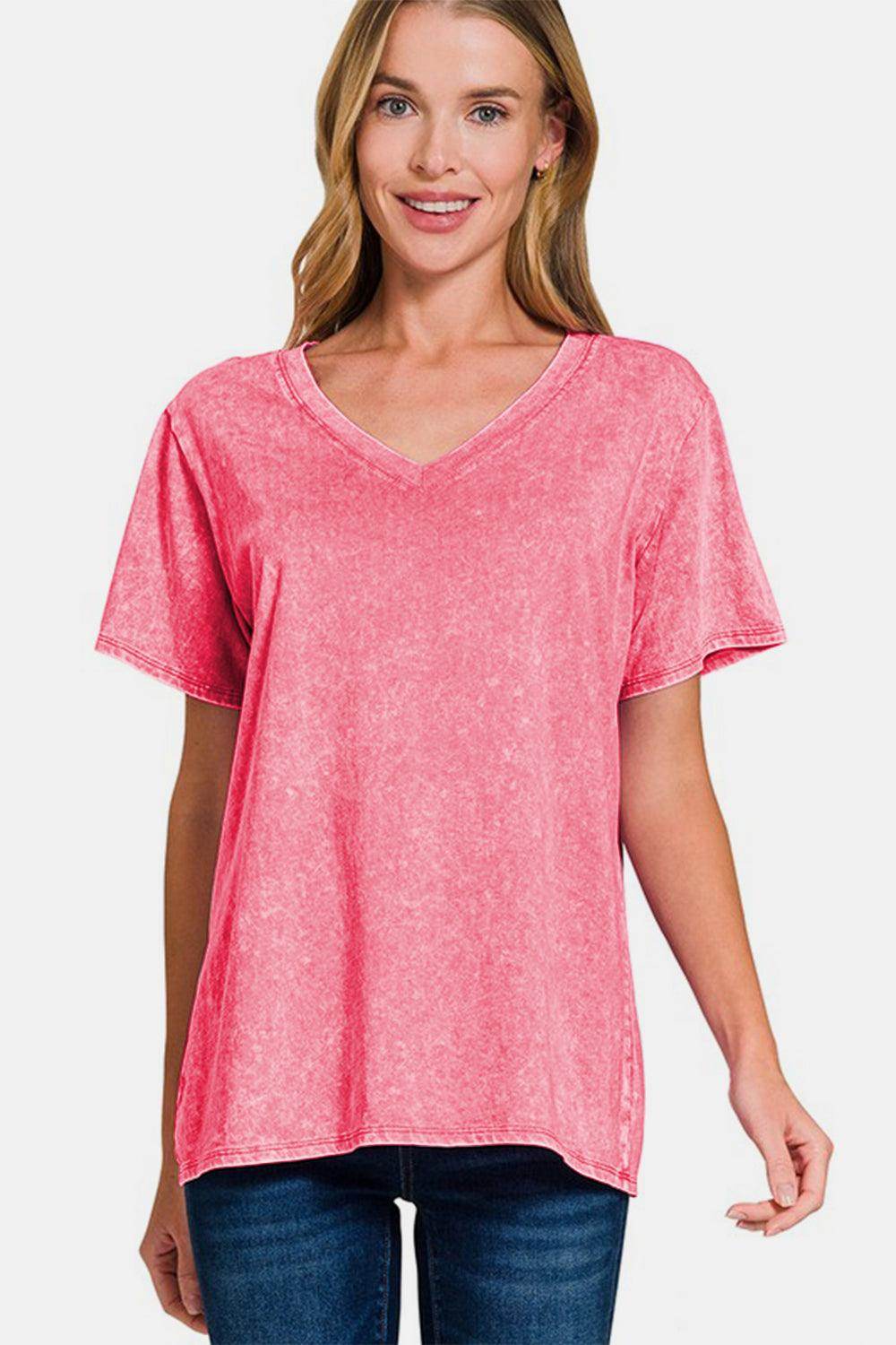 Zenana Full Size Washed Short Sleeve V-Neck T-Shirt Casual - Selvanelle