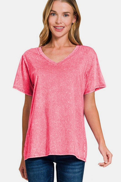 Zenana Full Size Washed Short Sleeve V-Neck T-Shirt Casual - Selvanelle