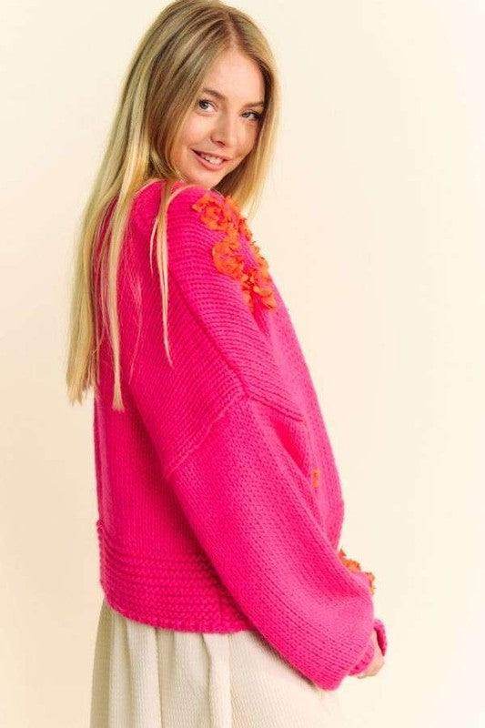 Davi & Dani Floral Applique Open Front Drop Shoulder Cardigan - Selvanelle