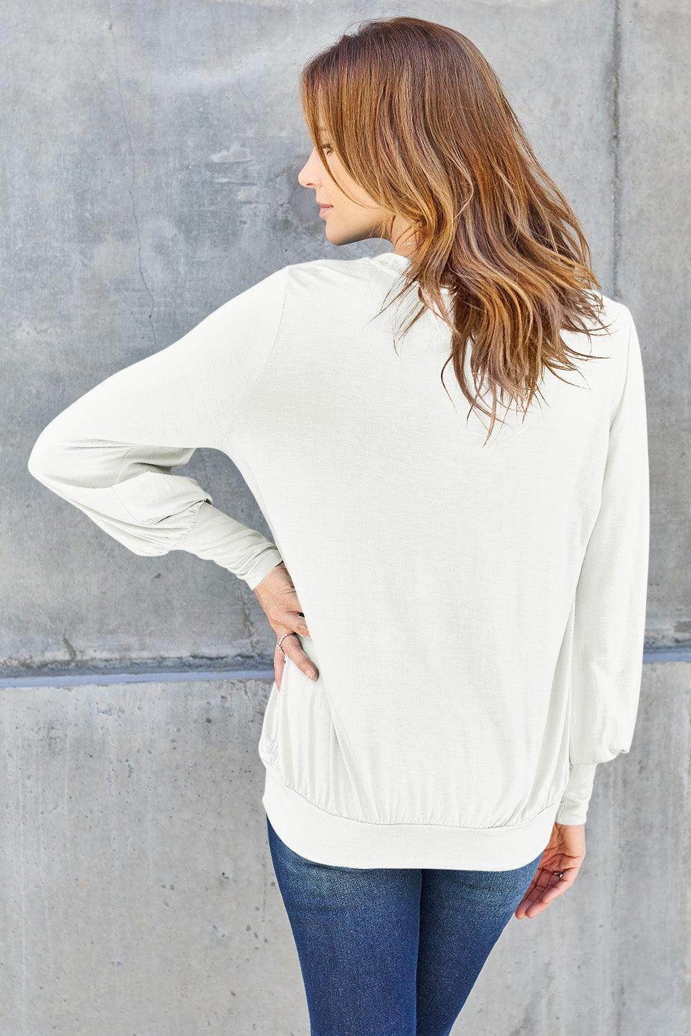 Basic Bae Full Size V-Neck Lantern Sleeve Top for Women - Selvanelle