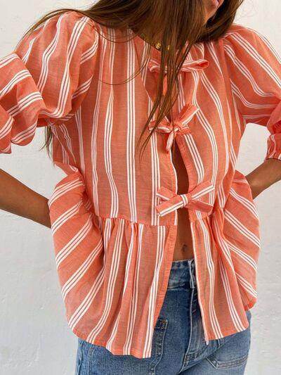 Tied Round Neck Balloon Sleeve Shirt for Stylish Look - Selvanelle
