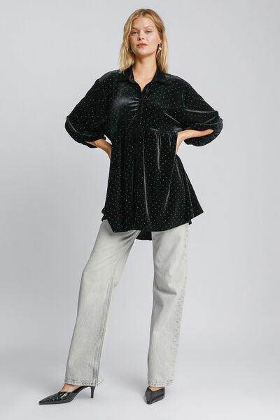 Umgee Full Size Polka Dot Button Up Half Sleeve Shirt - Selvanelle