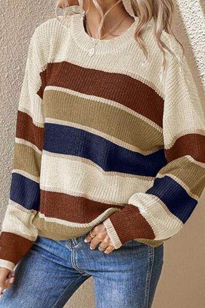 Contrast Striped Round Neck Long Sleeve Sweater for Women - Selvanelle