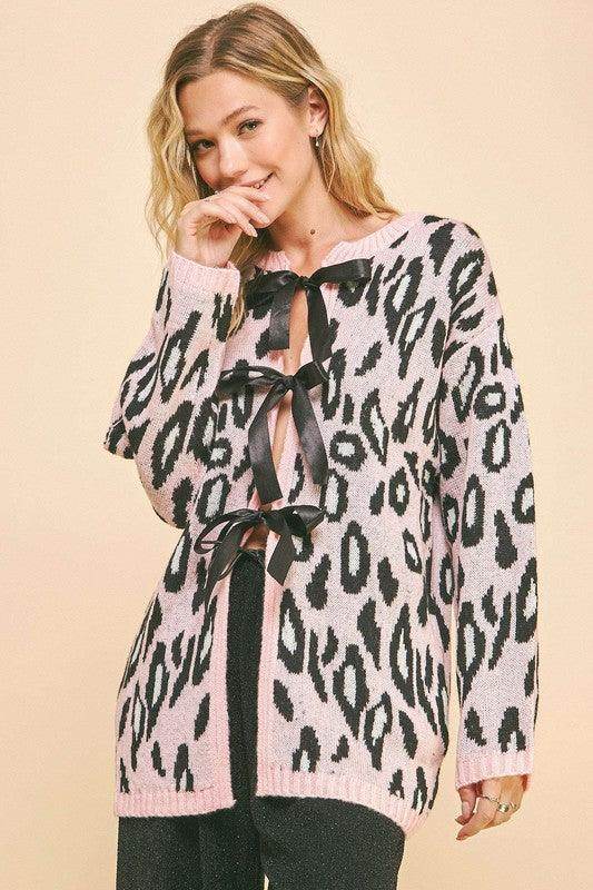 Davi & Dani Leopard Ribbon Tie Front Loose Fit Cardigan - Selvanelle