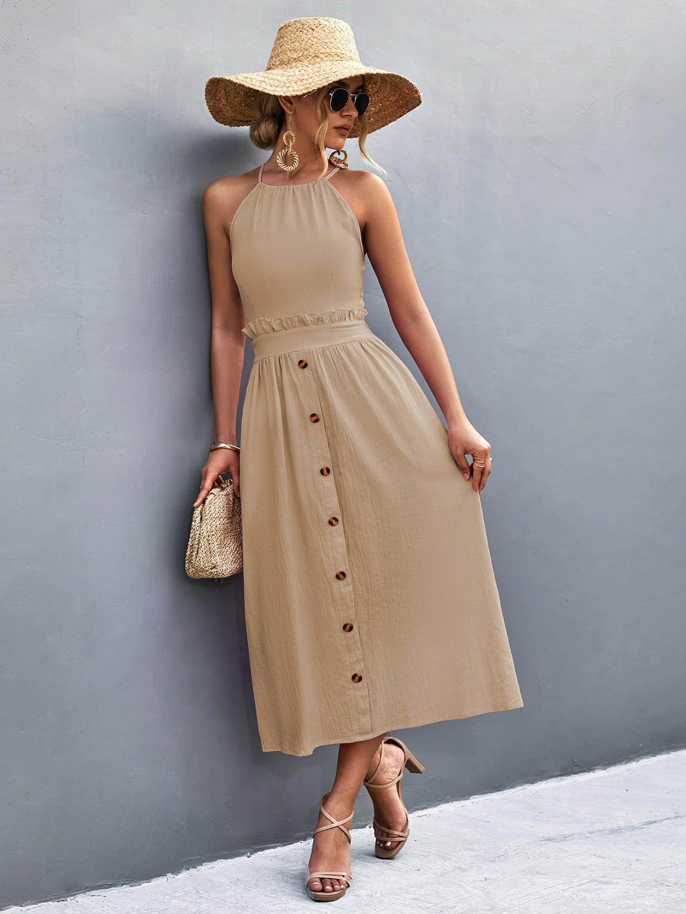 Buttoned Halter Neck Frill Trim Midi Dress for Chic Style - Selvanelle
