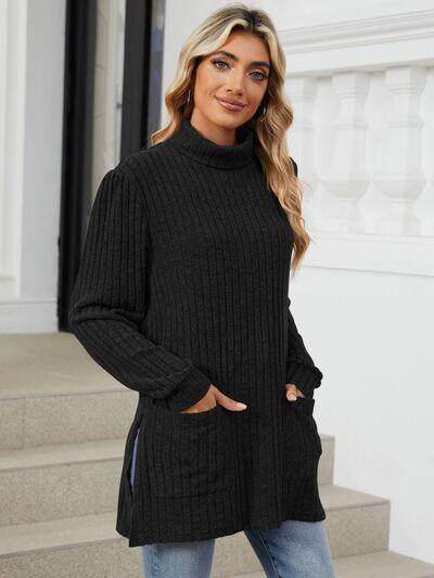 Slit Mock Neck Long Sleeve T-Shirt for Women with Pocket - Selvanelle
