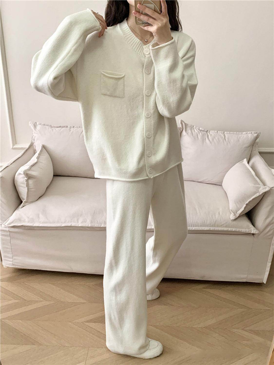 Pocketed Round Neck Button Up Cardigan and Pants Sweater Set - Selvanelle