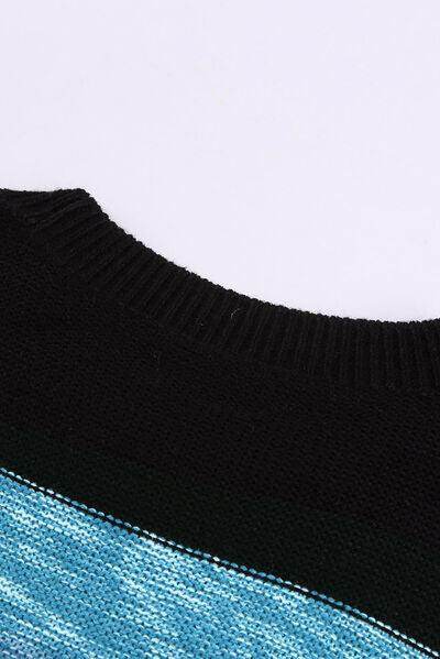 Contrast Striped Round Neck Drop Shoulder Sweater for Women - Selvanelle