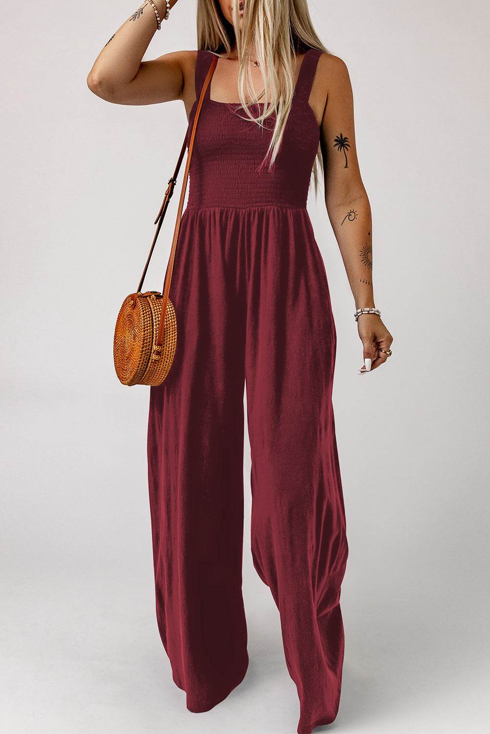 Smocked Square Neck Wide Leg Jumpsuit with Pockets - Selvanelle