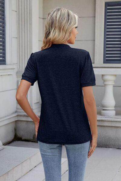 Notched Short Sleeve Top for Women in Opaque Fabric - Selvanelle