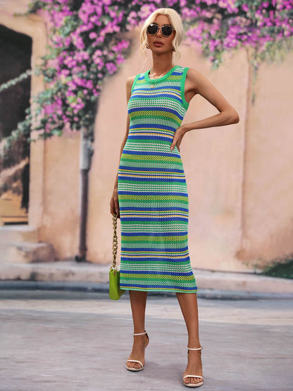 Striped Round Neck Sleeveless Midi Cover Up Dress - Selvanelle