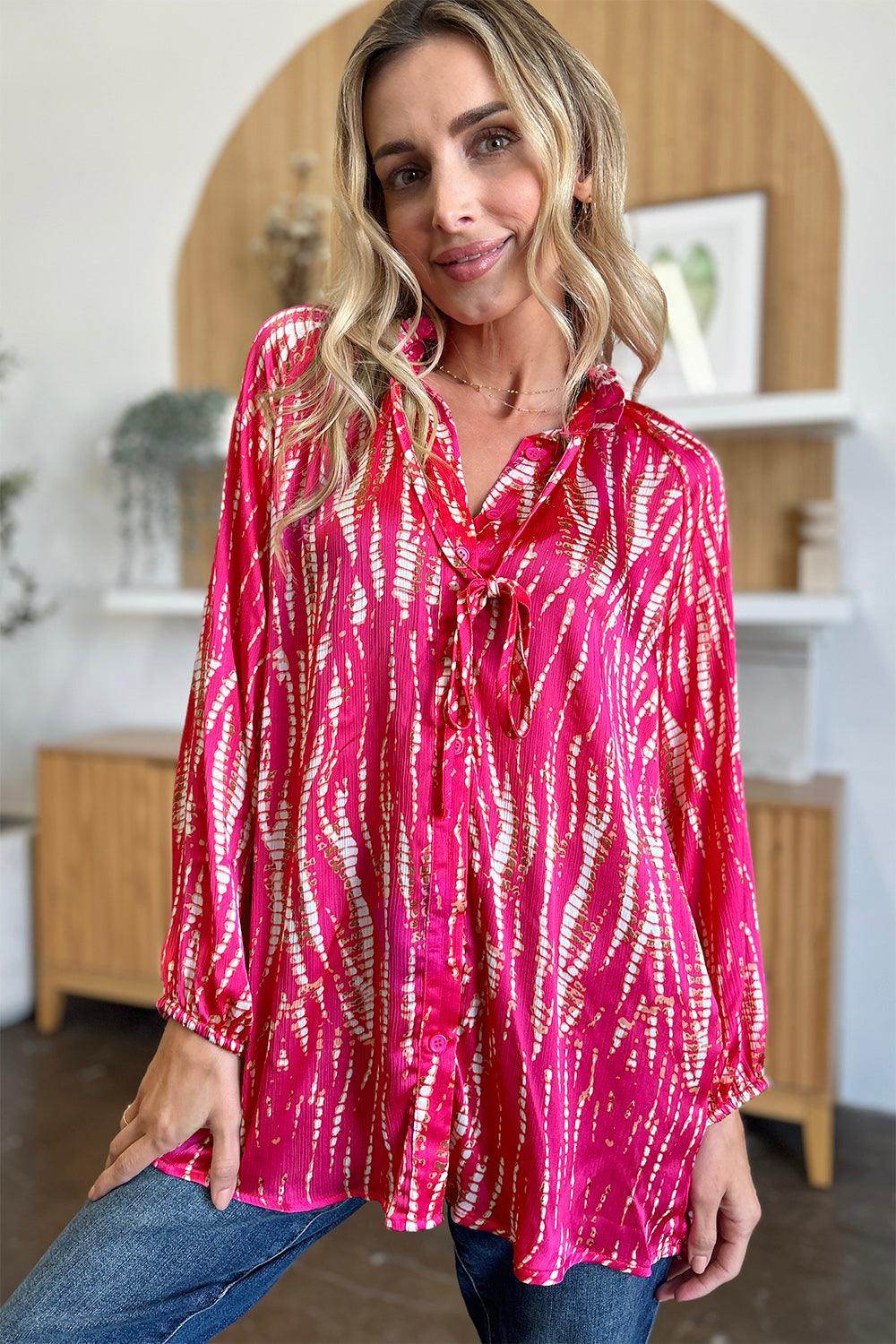 Double Take Full Size Printed Button Up Long Sleeve Shirt - Selvanelle