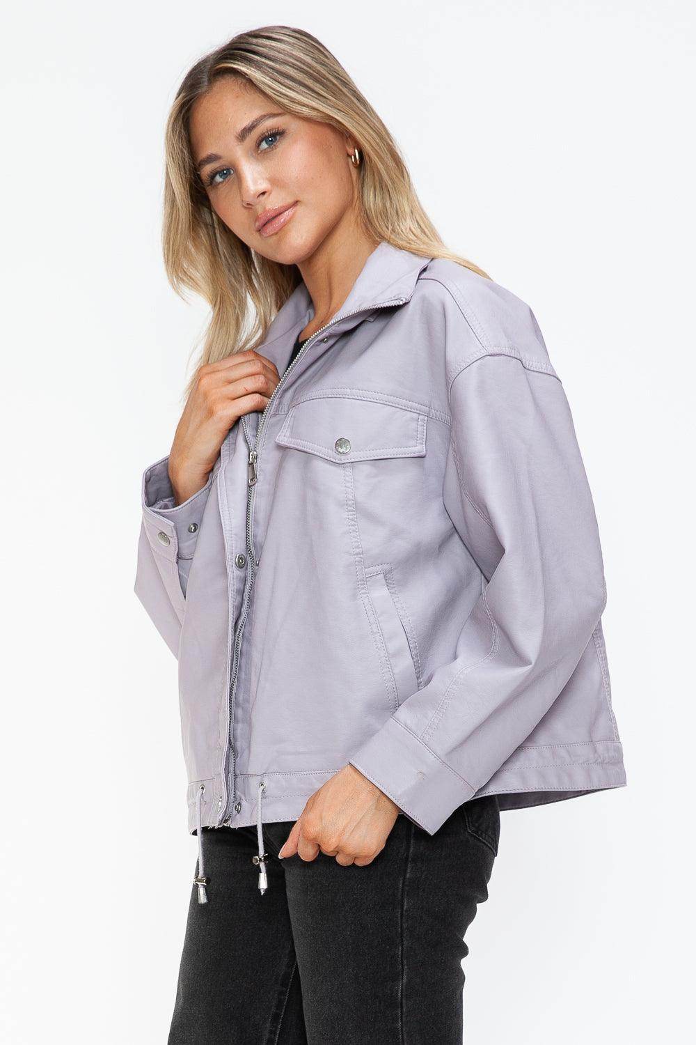 How Dare U Drawstring Hem PU Leather Zip Up Jacket Women - Selvanelle