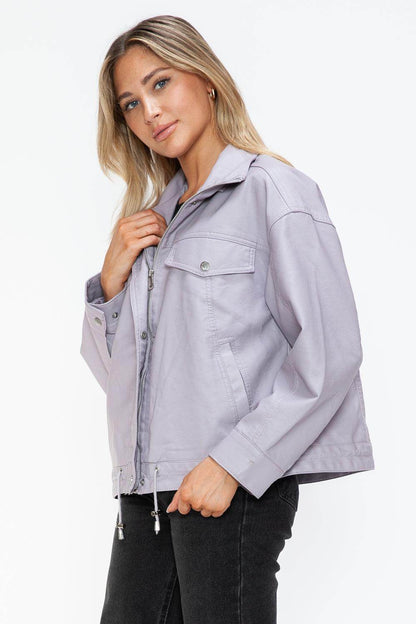 How Dare U Drawstring Hem PU Leather Zip Up Jacket Women - Selvanelle