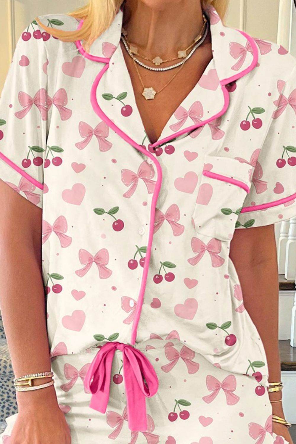 Printed Button Up Short Sleeve Top and Shorts Lounge Set - Selvanelle