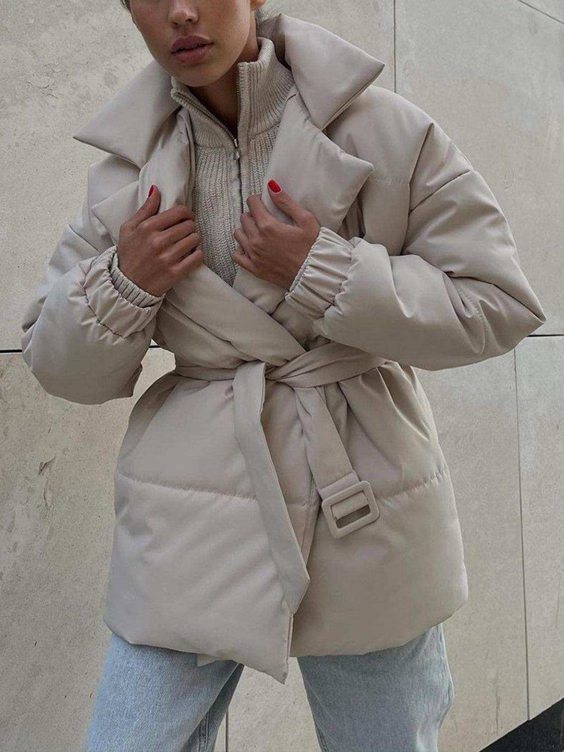 Puffer Long Sleeve Winter Coat with Belt for Women - Selvanelle