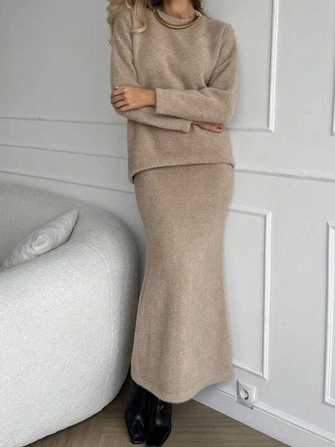 Round Neck Dropped Shoulder Top and Midi Skirt Sweater Set - Selvanelle