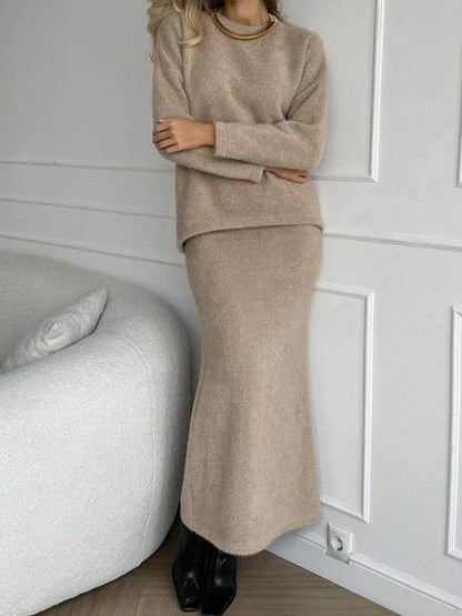 Round Neck Dropped Shoulder Top and Midi Skirt Sweater Set - Selvanelle