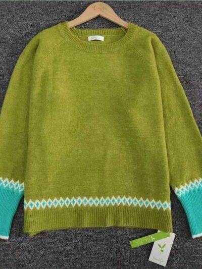 Contrast Round Neck Long Sleeve Sweater for Women - Selvanelle