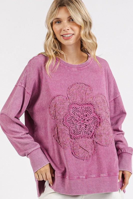 Mittoshop Flower Patch Side Slit Mineral Wash Sweatshirt