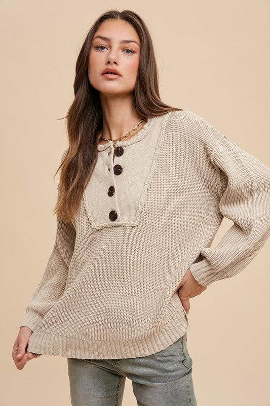 Annie Wear Half Button Ribbed Hem Sweater for Women - Selvanelle
