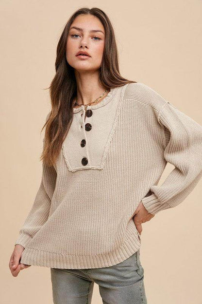 Annie Wear Half Button Ribbed Hem Sweater for Women - Selvanelle