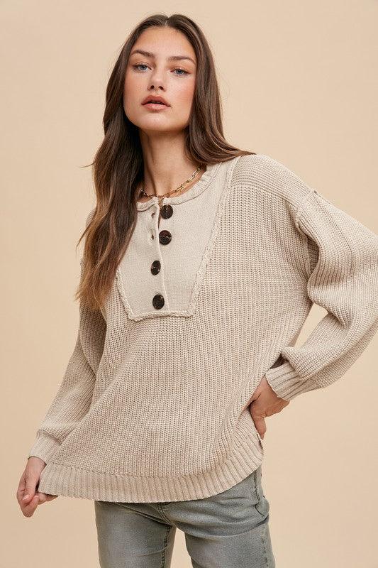 Annie Wear Half Button Ribbed Hem Sweater for Women