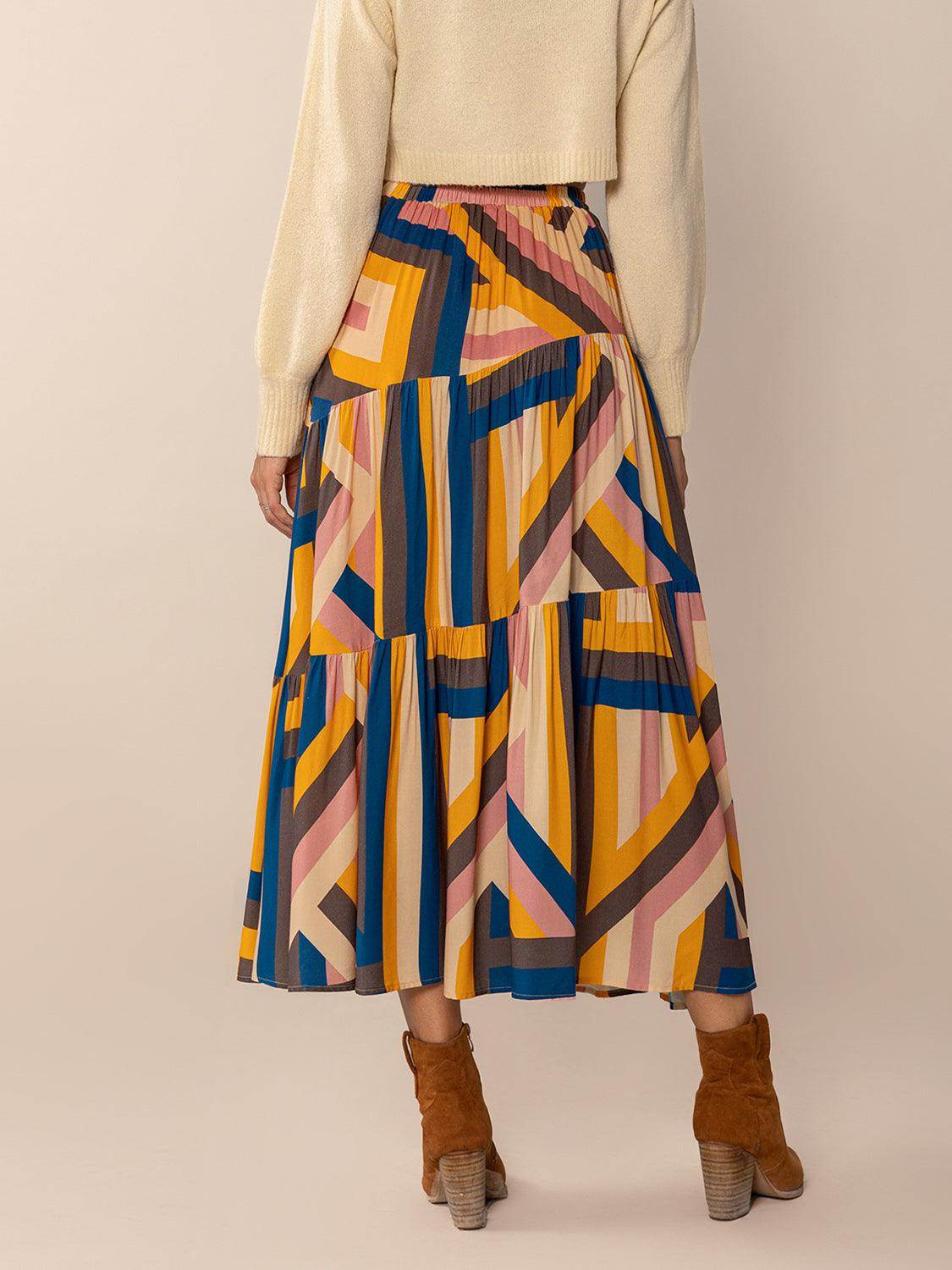 Ruched Elastic Waist Contrast Midi Skirt for Women Fashion - Selvanelle
