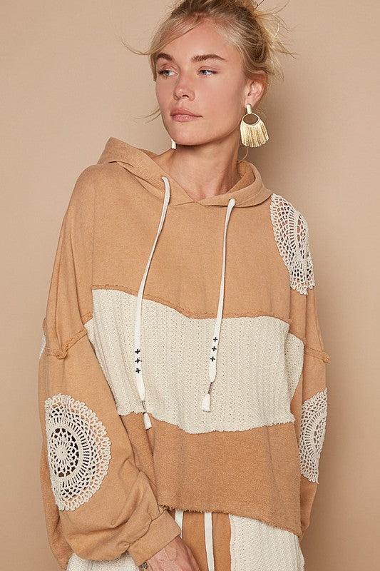 POL Openwork Contrast Dropped Shoulder Hoodie for Women