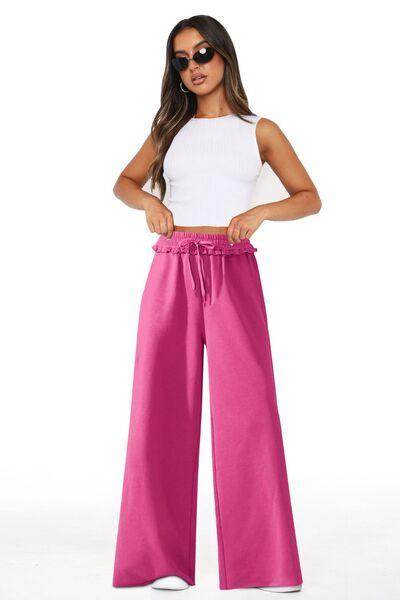 High Waist Wide Leg Pants with Pockets and Frill Detail - Selvanelle