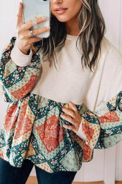 Printed Round Neck Long Sleeve Blouse for Women Fashion - Selvanelle