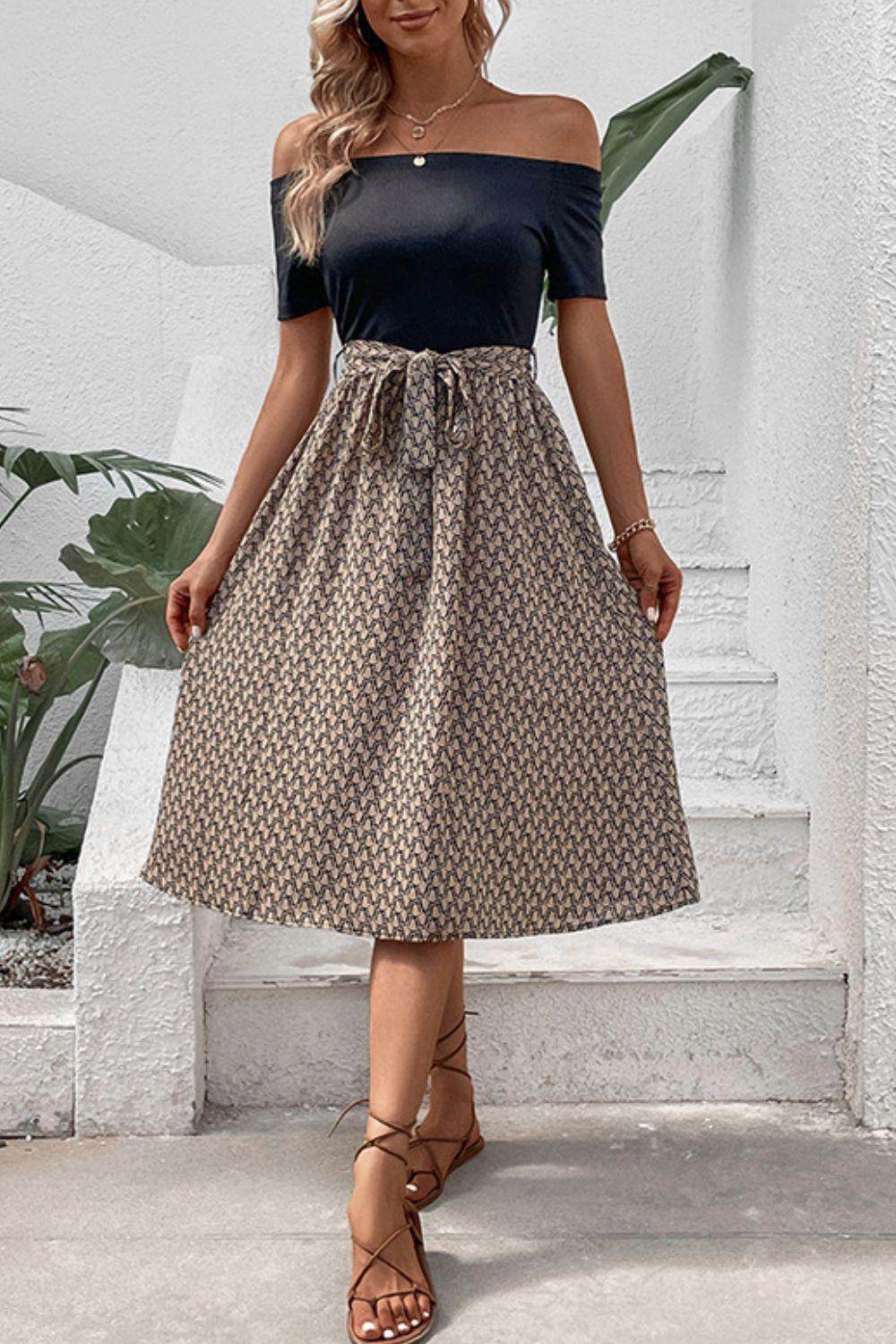Perfee Printed Tie Belt Off-Shoulder Dress for Women - Selvanelle