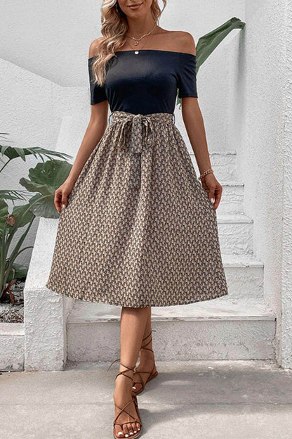 Perfee Printed Tie Belt Off-Shoulder Dress for Women - Selvanelle