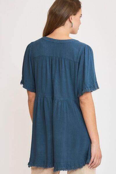 Umgee Full Size Raw Hem Notched Babydoll Linen Blouse Plus Size - Selvanelle