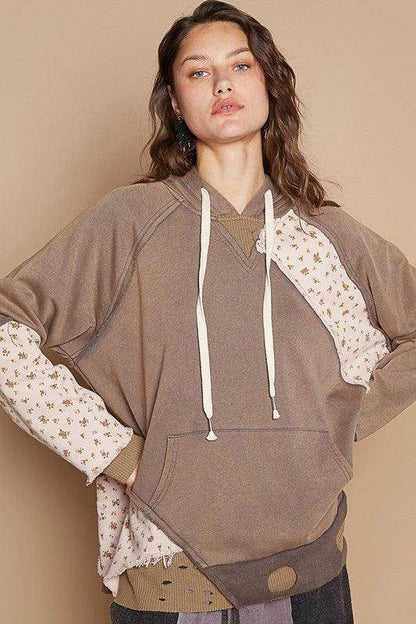 POL Floral Patchwork Distressed Drawstring Hoodie for Women - Selvanelle