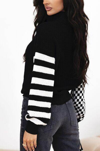 Striped & Checkered Turtleneck Dropped Shoulder Sweater - Selvanelle