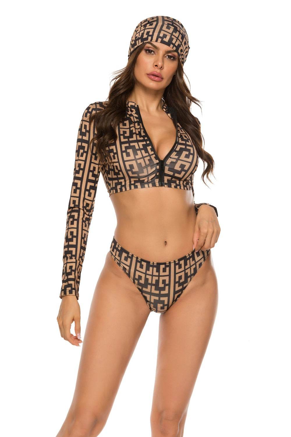 Printed Zip Up Three-Piece Swim Set - Selvanelle