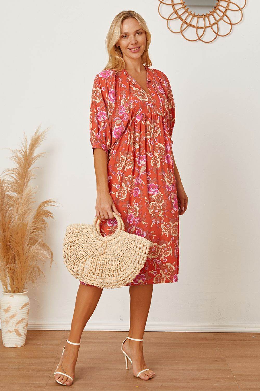 Floral Tie Neck Half Sleeve Dress - Selvanelle