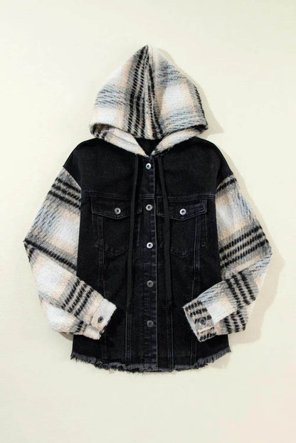 Drawstring Raw Hem Button Up Hooded Denim Jacket for Women - Selvanelle