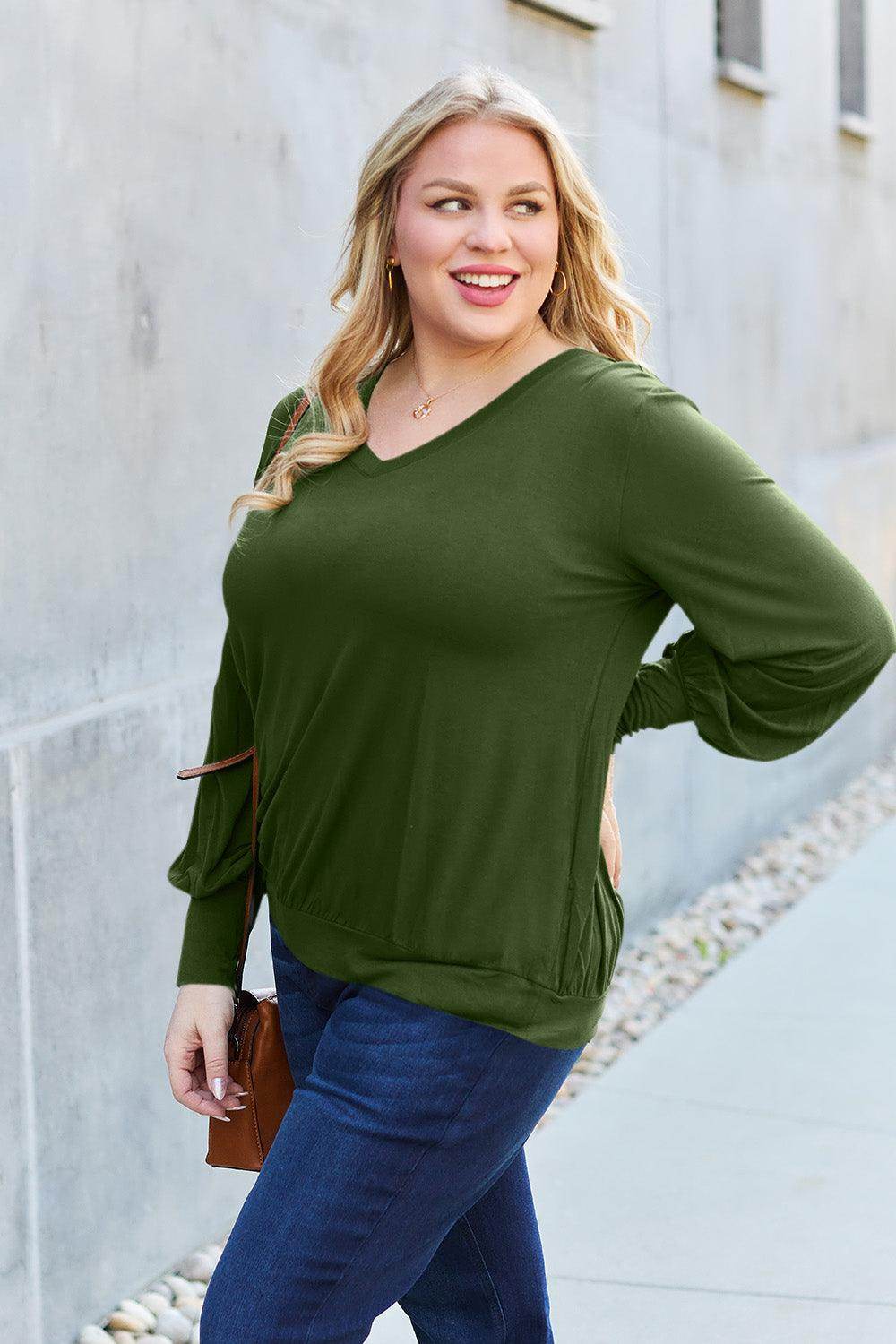 Basic Bae Full Size V-Neck Lantern Sleeve Top for Women - Selvanelle