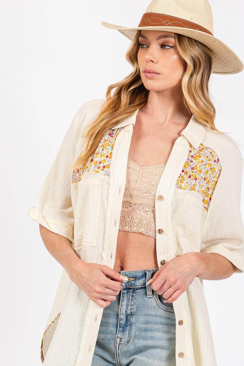 SAGE + FIG Full Size Floral Detail Button Up Shirt - Selvanelle