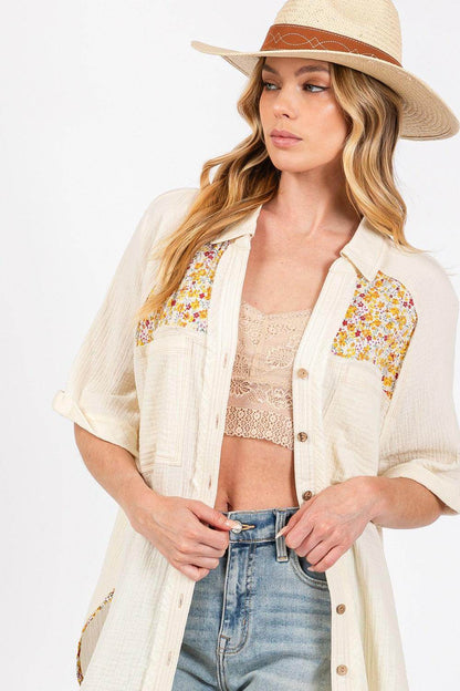 SAGE + FIG Full Size Floral Detail Button Up Shirt - Selvanelle