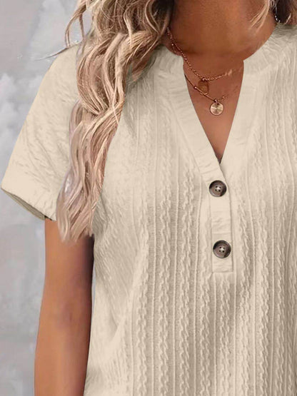 Textured Notched Short Sleeve Top - Selvanelle