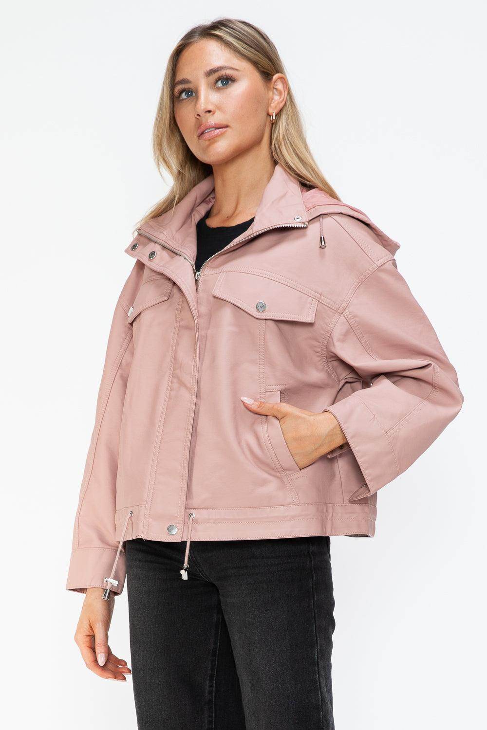 How Dare U Drawstring Hem PU Leather Zip Up Jacket for Women - Selvanelle